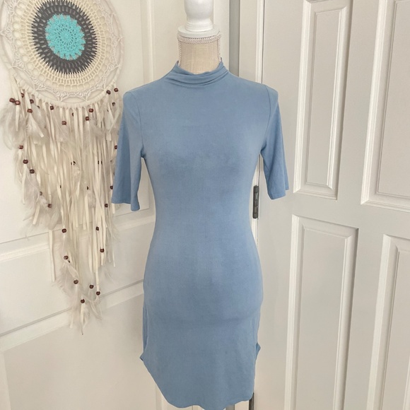 Blue Blush | Vintage Y2K Light Blue Suede Bodycon Mini Dress, Made in USA, M - Picture 6 of 10